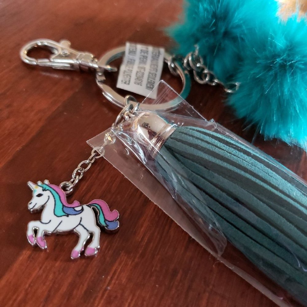 Teal Tassel Keychain with Unicorn Charm